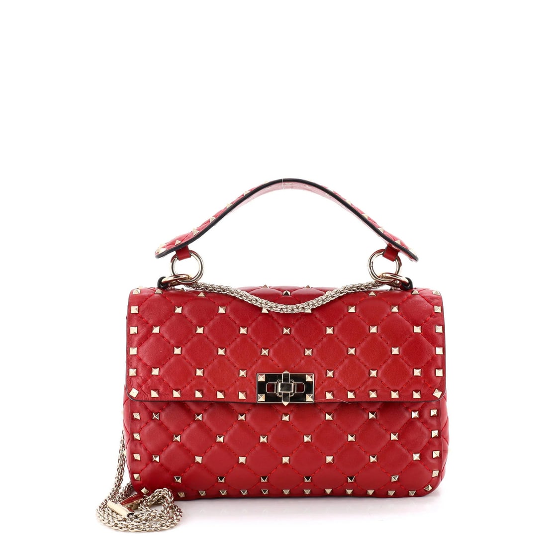 Valentino Rockstud Spike Flap Leather Medium Quilted Bag: Valentino Rockstud Spike Flap Leather Medium Quilted Bag The Valentino Rockstud Spike Flap Leather Medium Quilted Bag features a striking red exterior with quilted leather construction. A