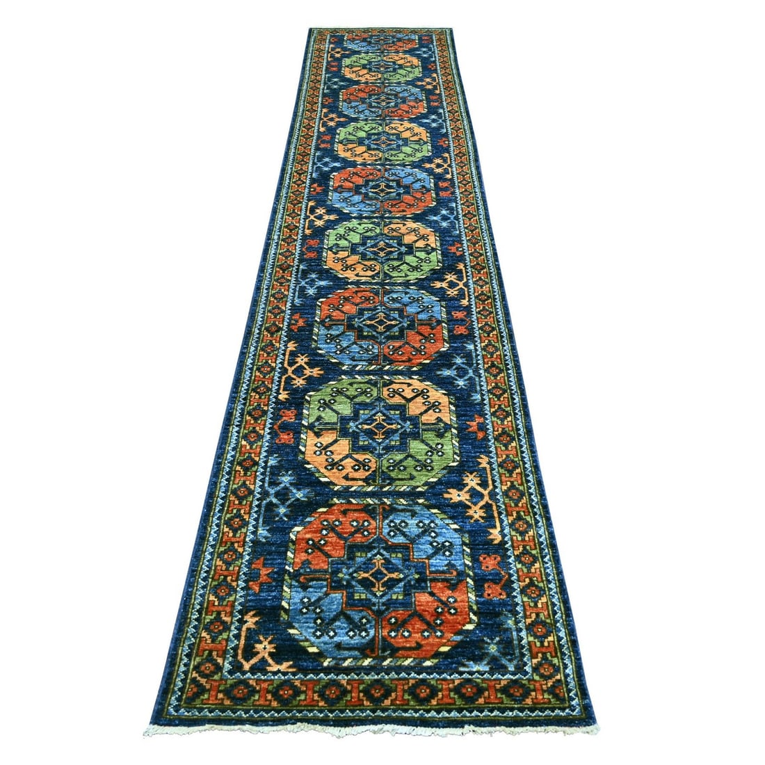 Blue Afghan Ersari Elephant Feet Design Hand Knotted Wool Runner 26x12: Blue Afghan Ersari Elephant Feet Design Hand Knotted Wool Runner 26x12 This stunning Blue Afghan Ersari Elephant Feet Design Hand Knotted Wool Runner boasts an intricate geometric pattern in shades