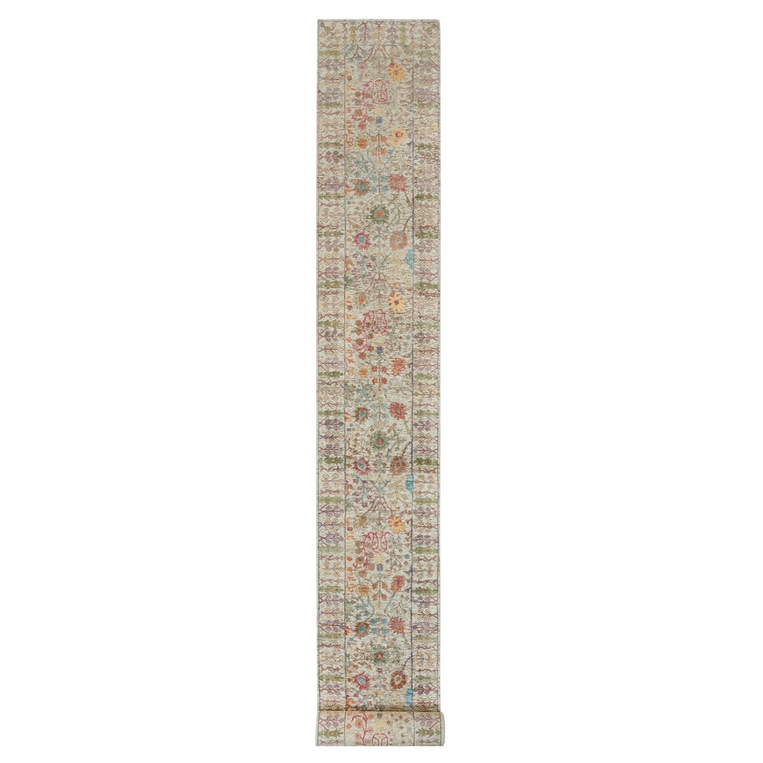Beige Hand Knotted Directional Silk Wool XL Runner Rug 26x2510: Beige Hand Knotted Directional Silk Wool XL Runner Rug 26x2510 Beige Hand Knotted Directional Silk Wool XL Runner Rug boasts an authentic Oriental design with intricate patterns and colors. Made from