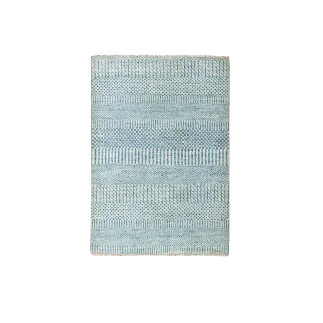 Blue Ruddy 3'x2 Hand Knotted Wool Rug: Blue Ruddy 3'x2 Hand Knotted Wool Rug The Blue Ruddy hand knotted wool rug boasts a stunning blue field with an intricate Oriental regional design. Made from high-quality wool and silk, this 3'x2'