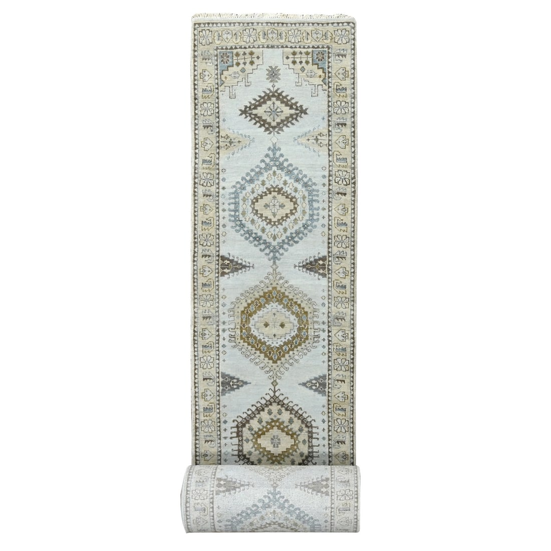 SKYLIGHT VILLAGE RUG RUNNER SKYLINE GRAY ZOROASTRIAN HAND KNOTTED XL: SKYLIGHT VILLAGE RUG RUNNER SKYLINE GRAY ZOROASTRIAN HAND KNOTTED XL SKYLINE GRAY ZOROASTRIAN HAND KNOTTED XL SKYLIGHT VILLAGE RUG RUNNER boasts an authentic Indian hand-knotted wool design with a str