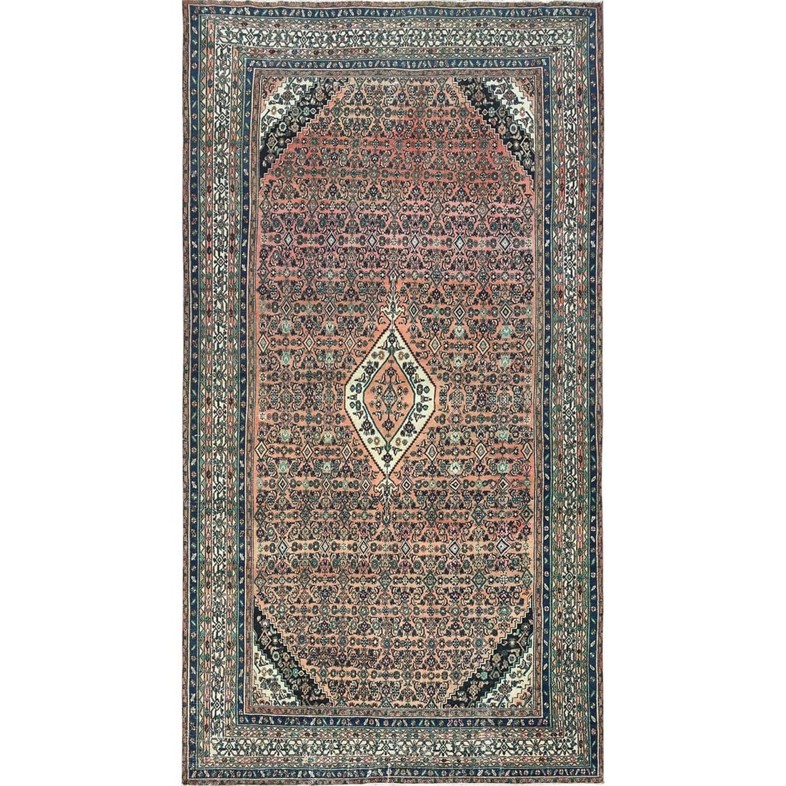 Pure wool hand knotted Zoroastrian peach vintage rug 11'2 x 21'2: Pure wool hand knotted Zoroastrian peach vintage rug 11'2 x 21'2 The vibrant orange hue of this hand-knotted Tebraz rug makes a stunning statement in any room. Made from pure wool and featuring an int