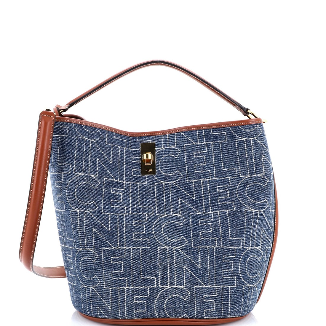 Denim Bucket 16 Celine Bag: Denim Bucket 16 Celine Bag This Celine Bucket 16 Bag in denim features a unique blue exterior with minor creases and gold hardware. The bag's interior also boasts a matching denim design, adding to it