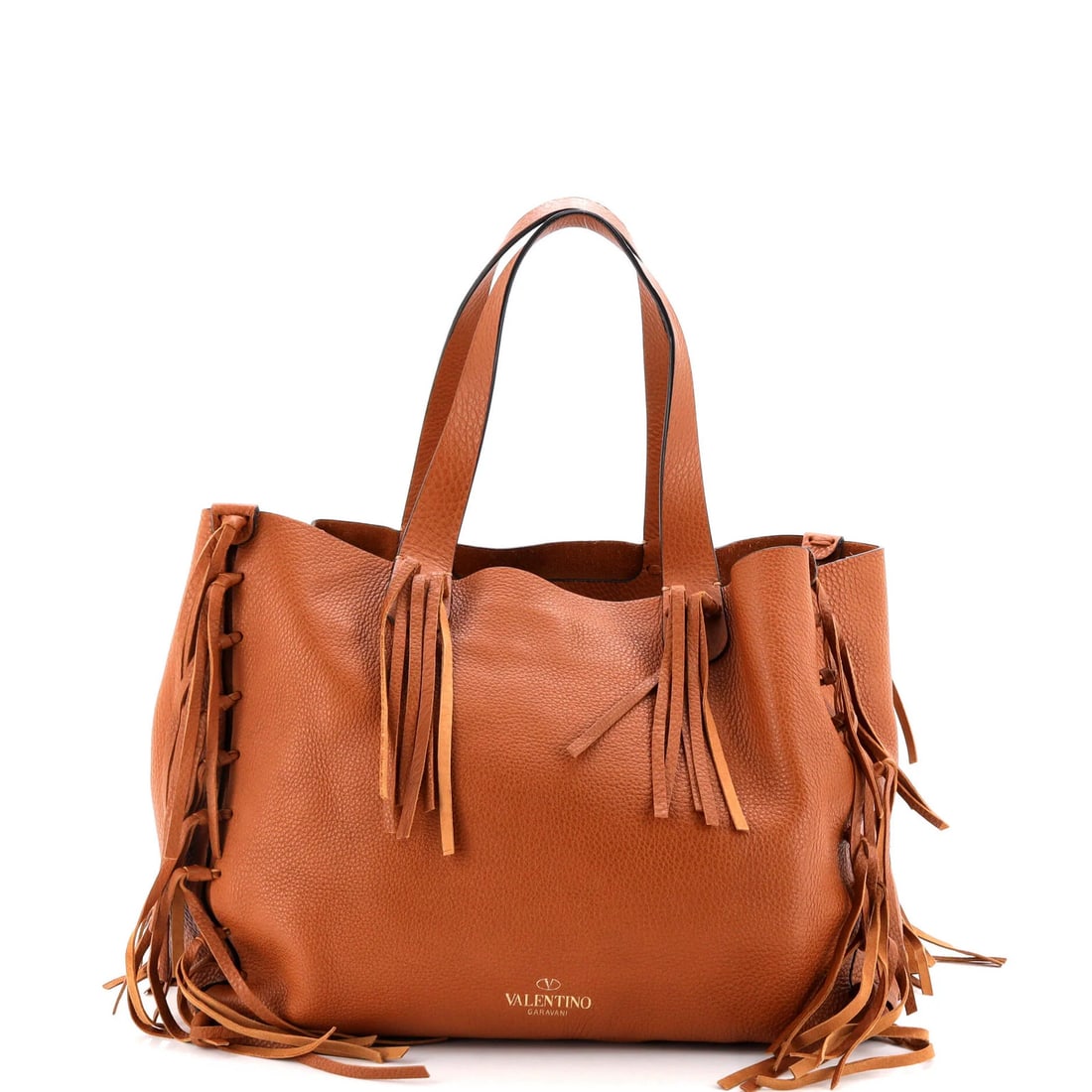 Rockee fringe leather tote medium Valentino: Rockee fringe leather tote medium Valentino Brown leather medium Rockee fringe tote from Valentino Garavani features gold hardware and suede interior. The exterior has some creases, handles/straps