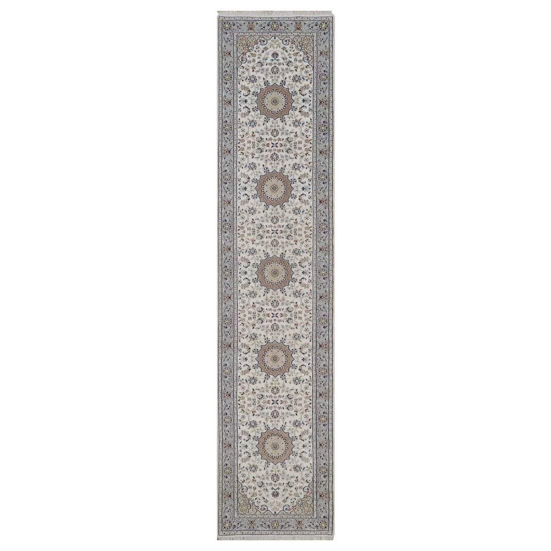 Ivory Nain with Medallions Design Hand Knotted Wool Silk Runner: Ivory Nain with Medallions Design Hand Knotted Wool Silk Runner The Ivory Nain with Medallions Design Hand Knotted Wool Silk Runner boasts an elegant medallion pattern in rich ivory hues, set against
