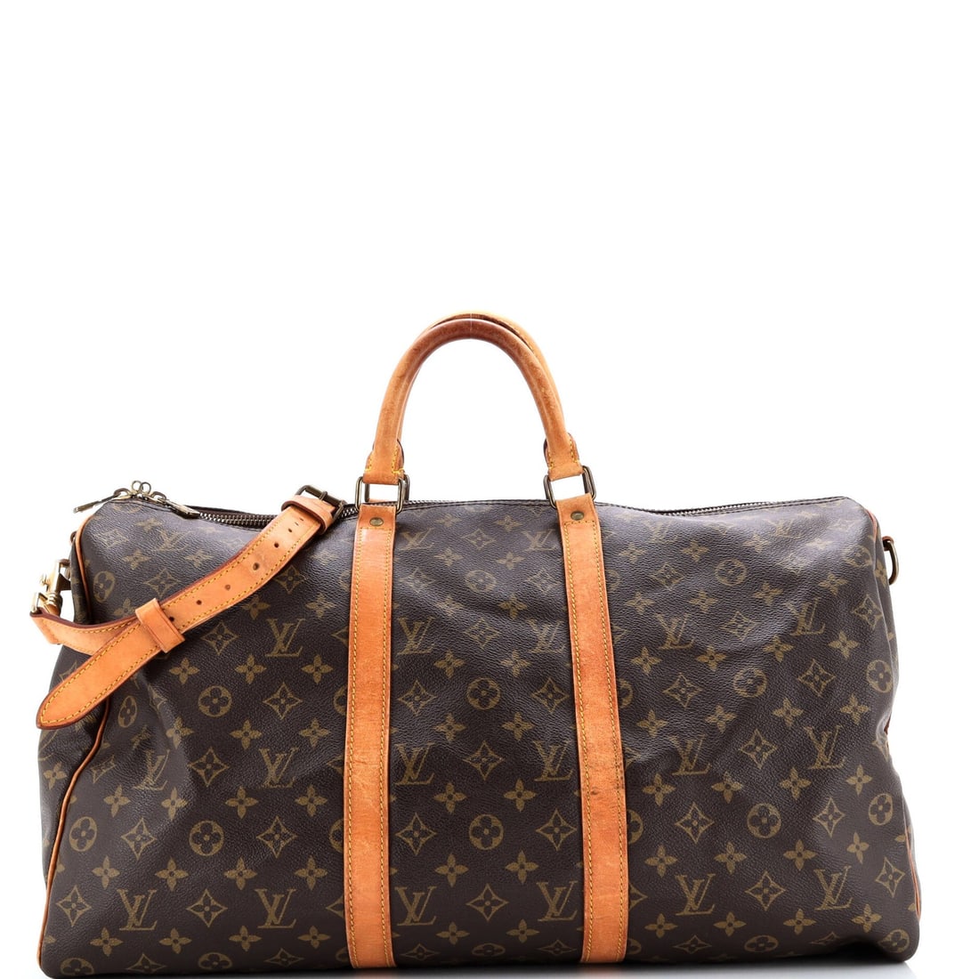 Strict rules apply: Strict rules apply Strictly speaking, this Louis Vuitton Keepall Bandouliere Bag boasts a classic brown canvas exterior with leather trims and gold hardware. Measuring 11" tall and 20" wide, its spaci