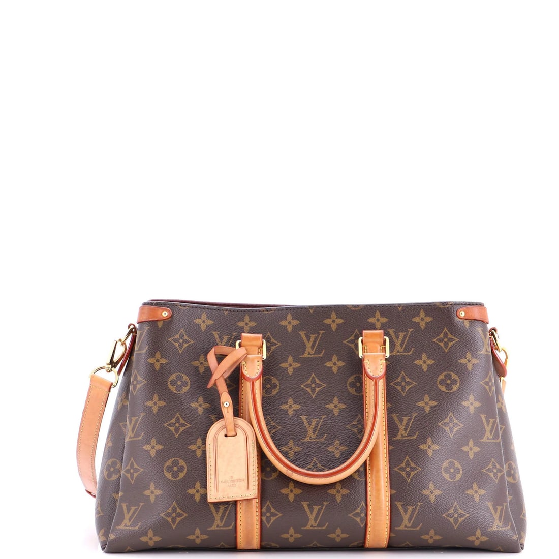 Canvas monogram tote bag: Canvas monogram tote bag Brown canvas monogram tote bag with leather accents and gold hardware. Features a classic Soufflot design with a spacious interior and microfiber lining in red. Measuring 8" x