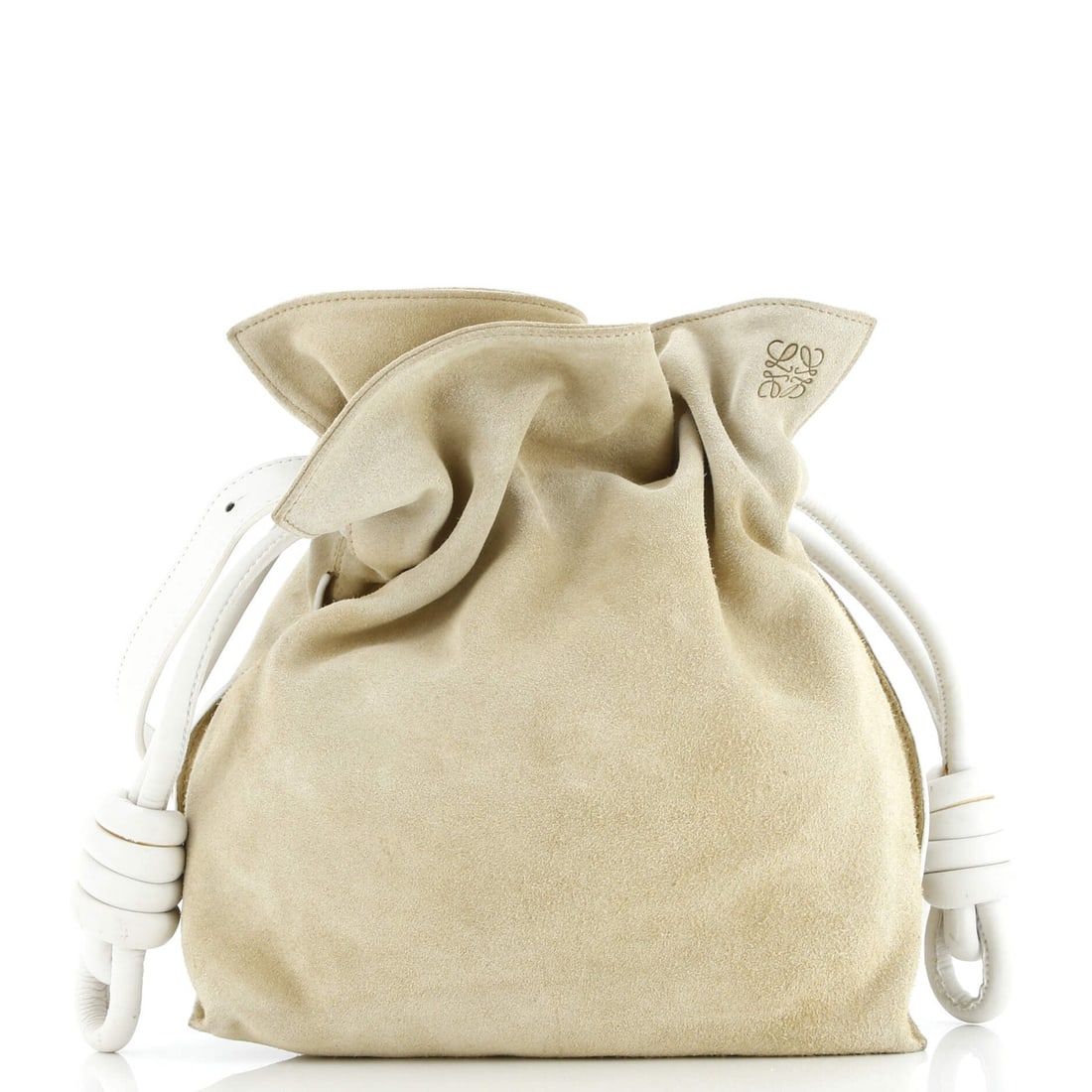 Flamenco Knot Suede Bag Loewe Small: Flamenco Knot Suede Bag Loewe Small Suede exterior and leather interior make this Loewe Flamenco Knot Small bag a stylish choice. The neutral color and gold hardware add to its timeless appeal, while 