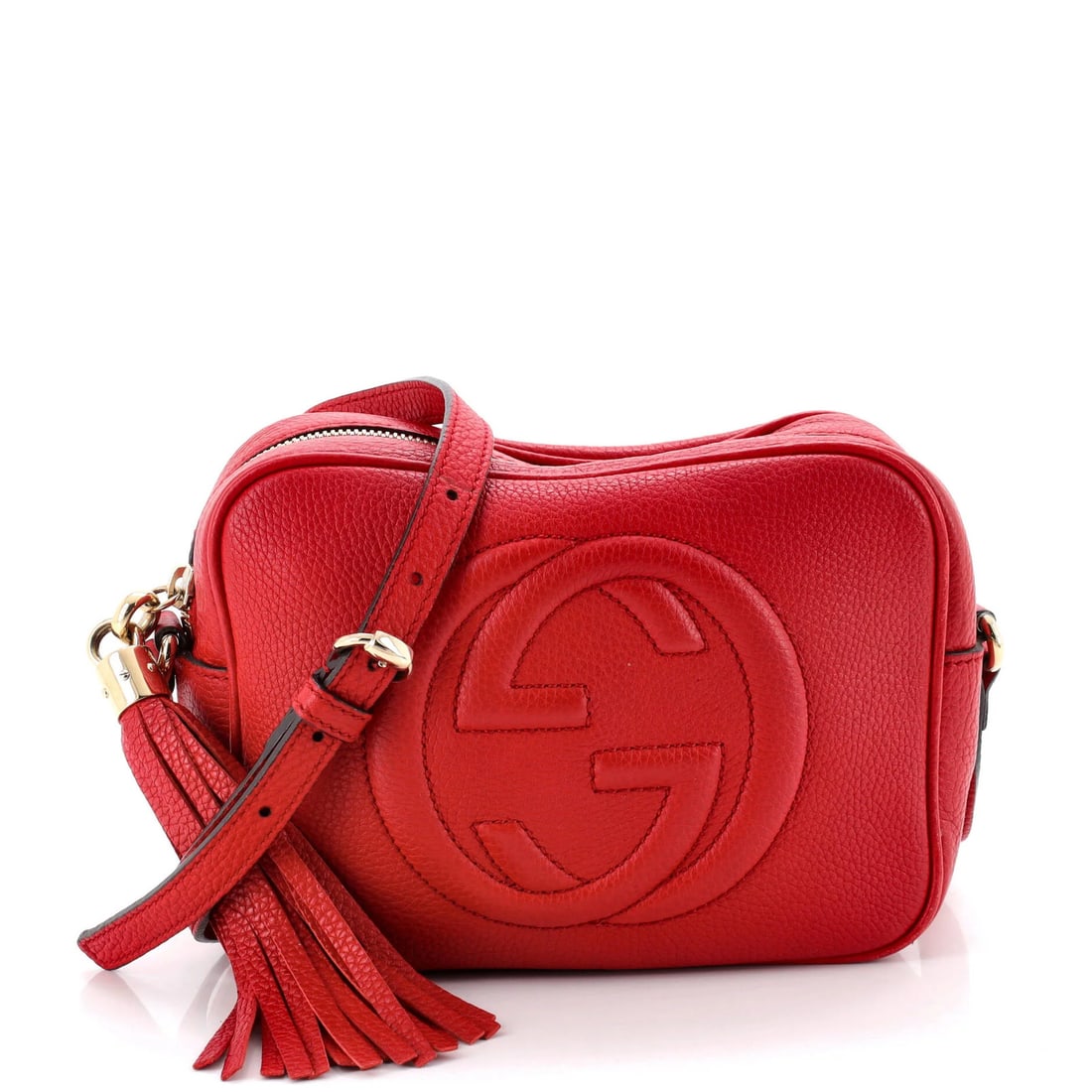 Small crossbody disco soho leather Gucci bag: Small crossbody disco soho leather Gucci bag Small crossbody Gucci Soho Disco leather bag in vibrant red exterior with neutral interior and gold hardware. Measuring 6" height, 8" width, and 3" depth, 
