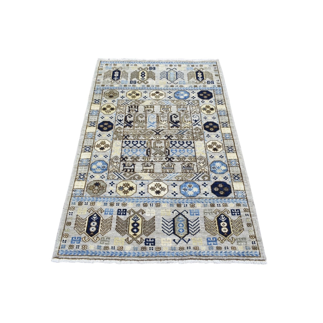 Light Gray Hand Knotted Afghan Ersari Organic Wool Rug: Light Gray Hand Knotted Afghan Ersari Organic Wool Rug Hand-knotted with precision and care, this stunning light gray Afghan rug boasts an intricate oriental design in shades of brown, denim blue, yel