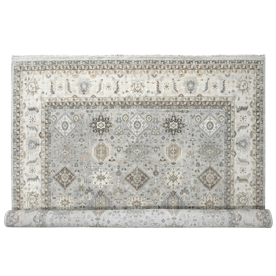 Oversized 9' Chrome Karjihooz 14x17" Gray Hand Knotted Wool Rug: Oversized 9' Chrome Karjihooz 14x17" Gray Hand Knotted Wool Rug Oversized and uniquely hand-knotted, this 9' chrome-finished Karjihooz rug boasts an impressive 14x17" rectangular field in a stunning g