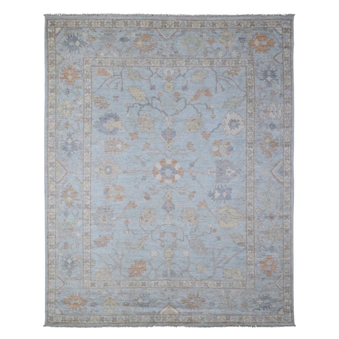 Oriental Beau Blue Oushak Rug Weft Wool 7'9"x9'9: Oriental Beau Blue Oushak Rug Weft Wool 7'9"x9'9 The Oriental Beau Blue Oushak Rug boasts a stunning blue field with intricate regional design, crafted from hand-knotted wool. Measuring 7'9"x9'9", thi