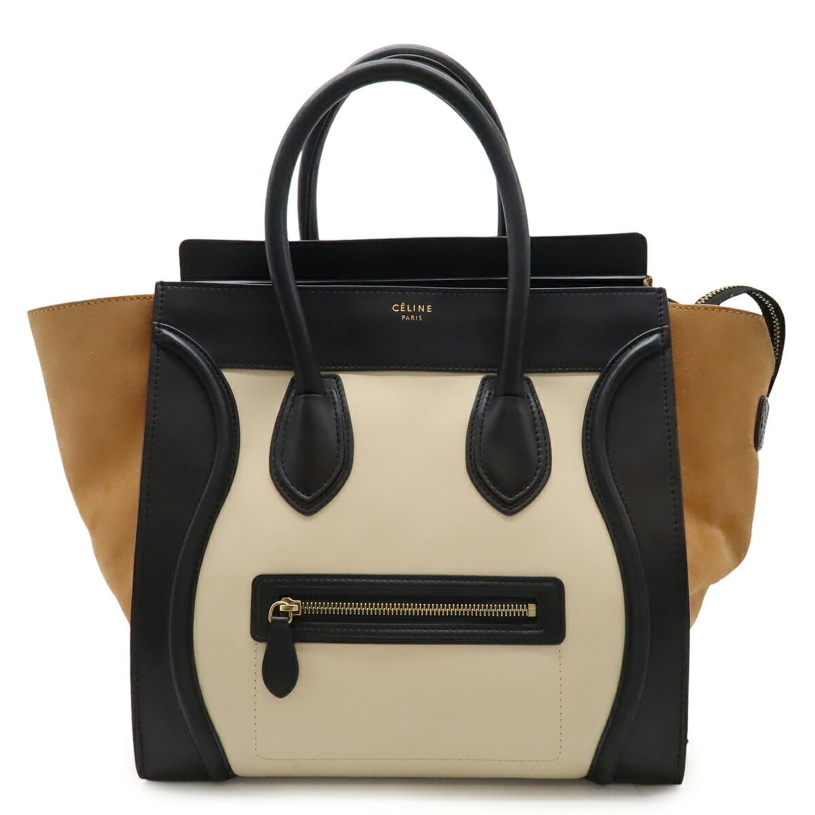 Celine Handbag Tote Bag Leather: Celine Handbag Tote Bag Leather Celine Handbag Tote Bag Leather in Beige Brown and Black. This pre-owned tote bag features high-quality leather construction with noticeable scratches and dirt, giving 