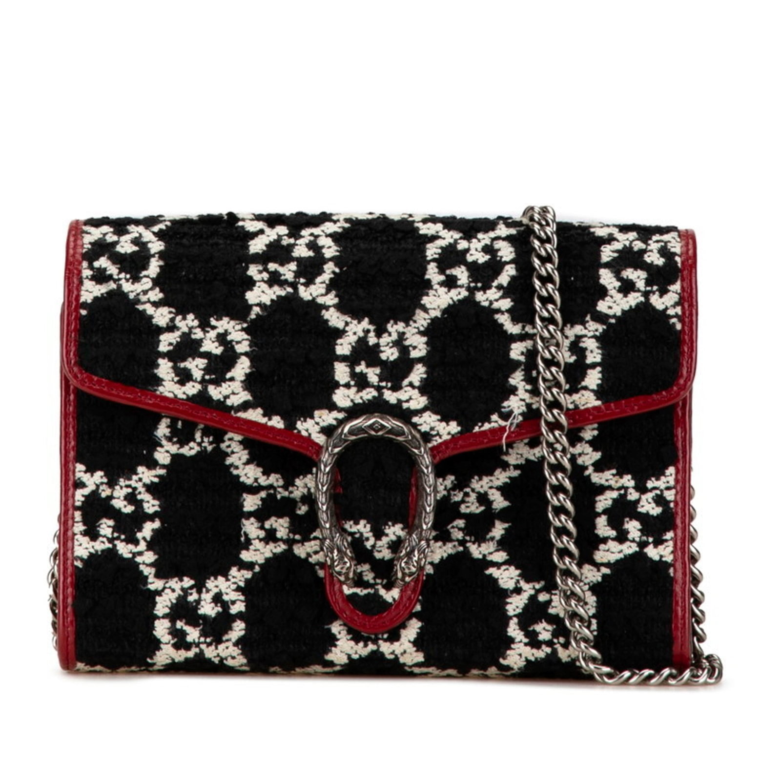 Gucci Chain/Shoulder Wallet Tweed Leather: Gucci Chain/Shoulder Wallet Tweed Leather The Gucci Chain/Shoulder Wallet Tweed Leather features a unique blend of tweed and leather materials, with a striking black and red color combination. Measuri