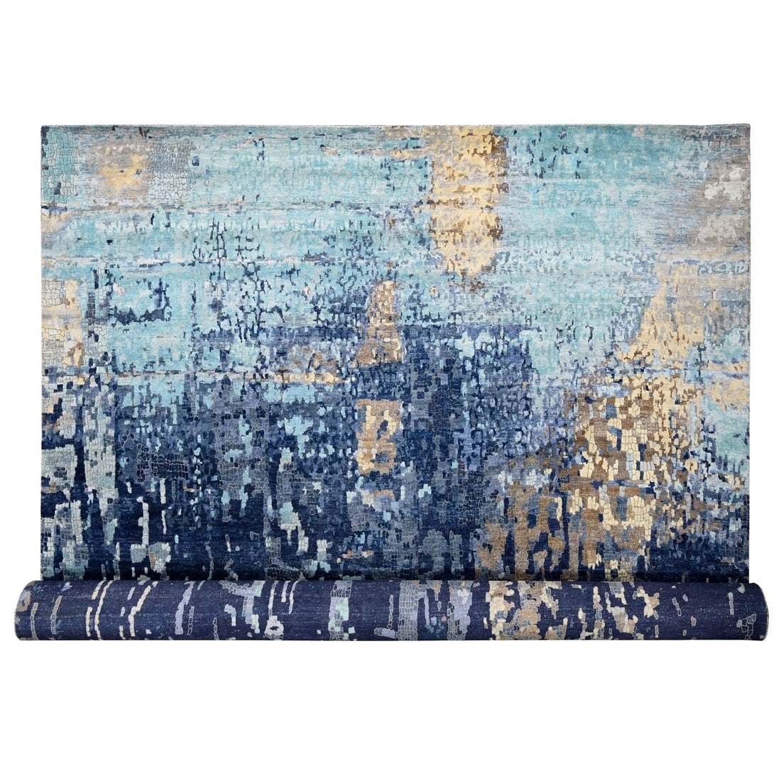 Blue wool silk rug hand knotted oversized mosaic design 139x179: Blue wool silk rug hand knotted oversized mosaic design 139x179 Oversized mosaic design in vibrant blue hues adorns this stunning hand-knotted wool and silk rug. The intricate pattern, woven with cott