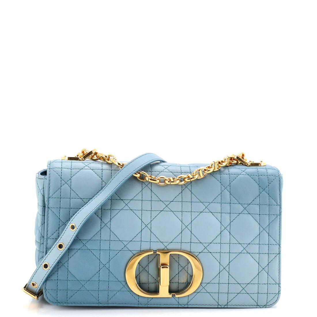 Calfskin Quilt Cannage Caro Dior Medium Christian: Calfskin Quilt Cannage Caro Dior Medium Christian Calfskin Quilt Cannage Caro Dior Medium Christian - A luxurious blue leather cross body bag with quilted details and gold hardware. Measuring 6" tall
