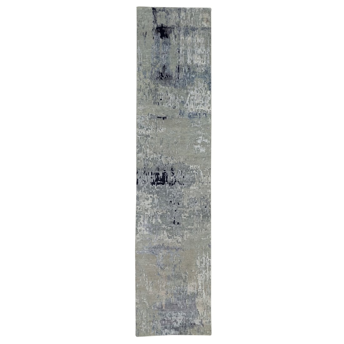 Silver Blue Wool & Silk 29x12 Modern Abstract Design Rug: Silver Blue Wool & Silk 29x12 Modern Abstract Design Rug The Silver Blue Wool & Silk 29x12 Modern Abstract Design Rug features an impressive hand-knotted weave with wool and silk fibers in a stunning