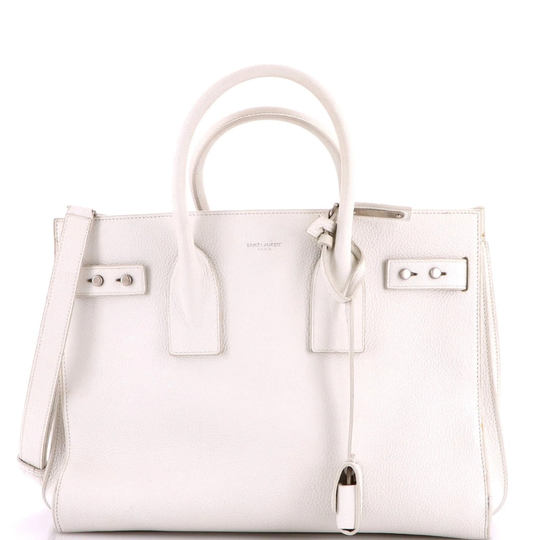Sac de jour souple leathersmall Saint laurent: Sac de jour souple leathersmall Saint laurent Small Sac de Jour Souple Bag from Saint Laurent features white leather exterior with suede interior and silver hardware. The bag measures 10" tall, 12"