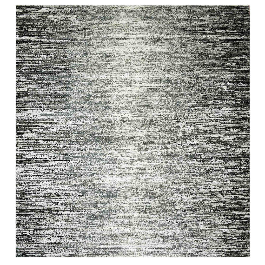 Black wool silk hand knotted striae design square oriental rug 6'1 x 6'1: Black wool silk hand knotted striae design square oriental rug 6'1 x 6'1 Black wool silk hand knotted striae design square oriental rug with a unique and modern aesthetic. Measuring 6'1 x 6'1, this st