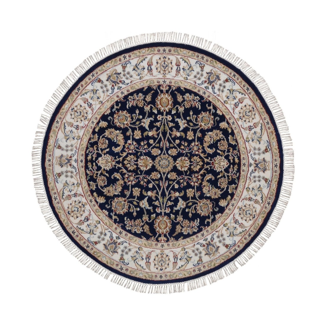 Midnight Blue Wool Silk Nain Flower Design Hand Knotted Round: Midnight Blue Wool Silk Nain Flower Design Hand Knotted Round Midnight Blue Wool Silk Nain Flower Design Hand Knotted Round rug boasts an all-over regional design in vibrant blue hues, set against a r