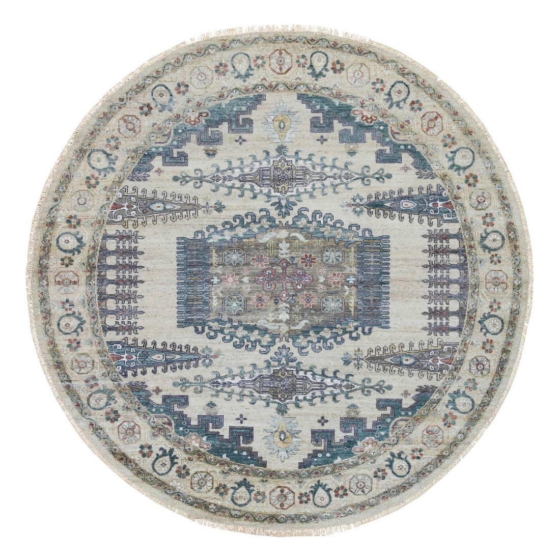 Viss Design Round Oriental Hand knotted Ivory 99x99 nine: Viss Design Round Oriental Hand knotted Ivory 99x99 nine This stunning Viss Design Round Oriental Hand-knotted Ivory rug boasts an intricate field design in ivory and subtle accents of cream, red, pin