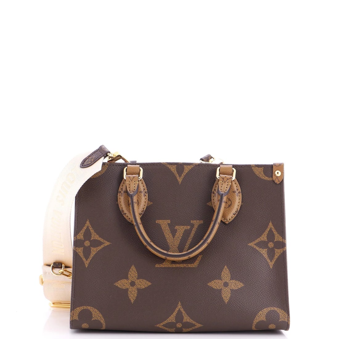 OnTheGo Tote Revers Monogram Giant Louis Vuitton: OnTheGo Tote Revers Monogram Giant Louis Vuitton The OnTheGo Tote Revers Monogram Giant Louis Vuitton features a classic brown canvas exterior with minor creases and scuffs on the handles and straps. 