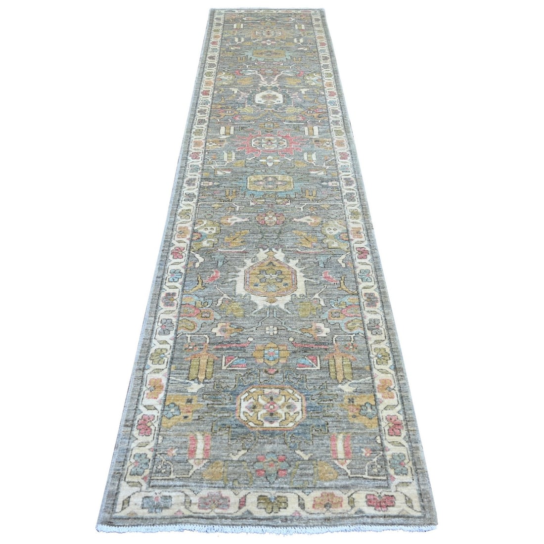 Wool Runner Gray Peshawar Hand Knotted All Over Heris 2'9 x 12'1: Wool Runner Gray Peshawar Hand Knotted All Over Heris 2'9 x 12'1 Wool Runner Gray Peshawar Hand Knotted All Over Heris features an all-over grey field with intricate patterns in brown, gold, pink, and