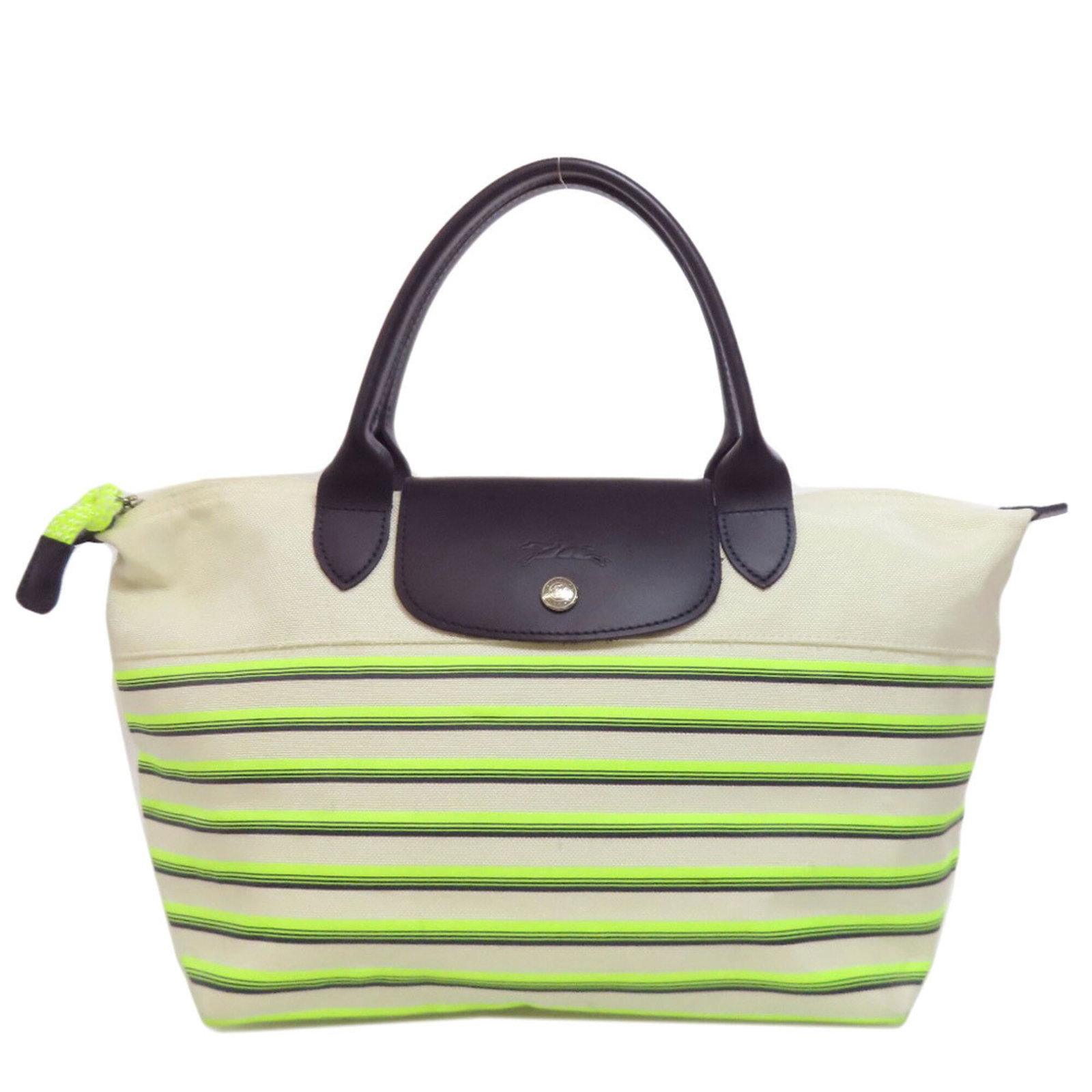 Longchamp Handbag Nylon Canvas Leather: Longchamp Handbag Nylon Canvas Leather Used Longchamp Handbag in Beige, Navy Black, and Yellow. This nylon canvas leather handbag features a classic design with traces of usage visible, including