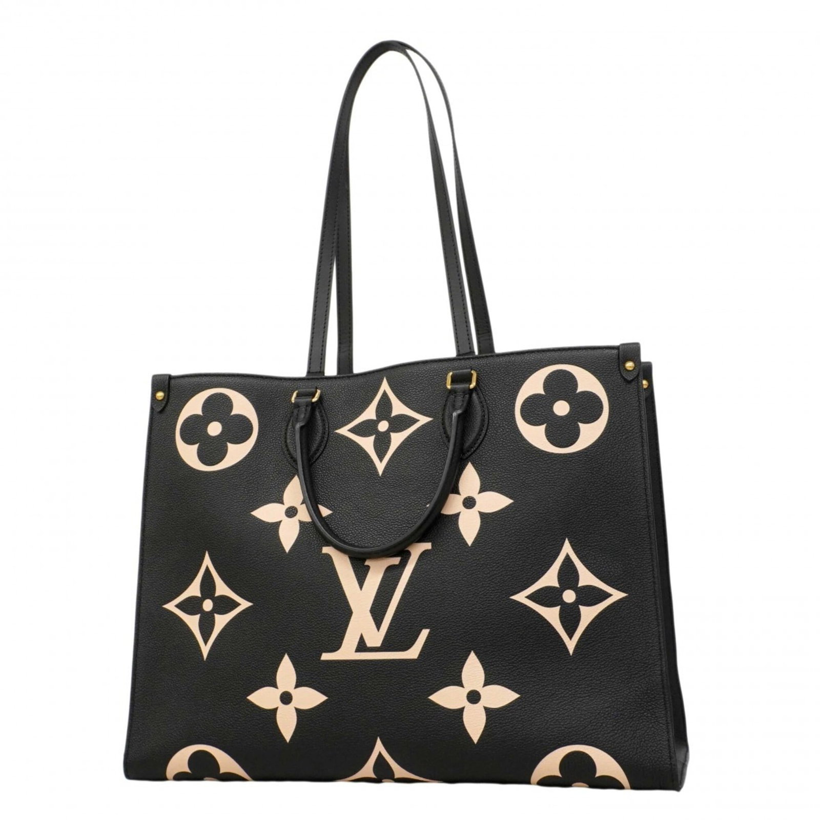 Louis Vuitton Tote Bag: Louis Vuitton Tote Bag The Louis Vuitton tote bag boasts its classic design with a timeless beige color and sleek black accents. Measuring 32cm x 41cm x 17.5cm, this spacious bag features a durable