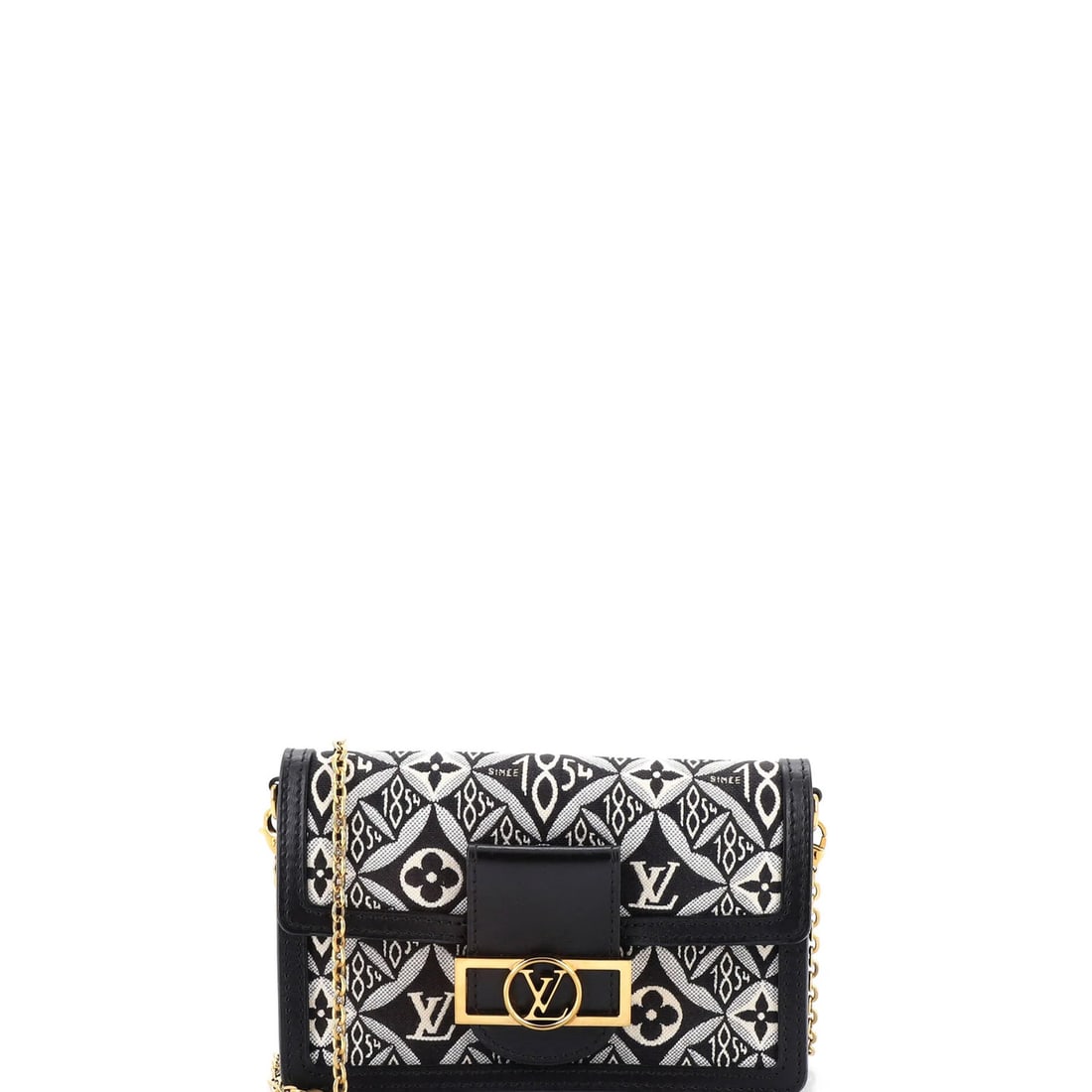 Vuitton Dauphine Chain Wallet Limited Edition Monogram Jacquard Since 1854: Vuitton Dauphine Chain Wallet Limited Edition Monogram Jacquard Since 1854 The Louis Vuitton Dauphine Chain Wallet Limited Edition Monogram Jacquard Since 1854 features a striking black exterior with 