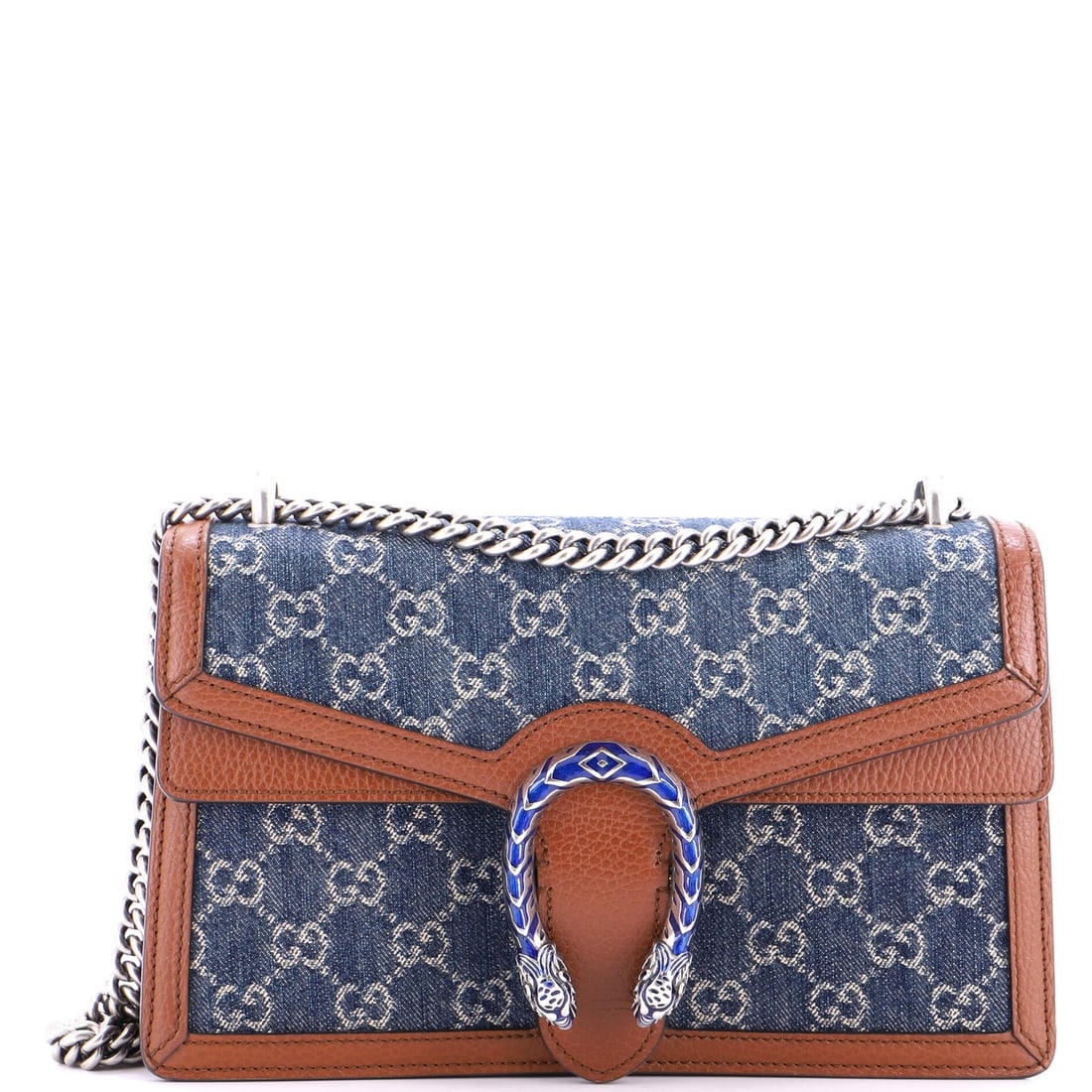 Denim small bagGG fromGucciDionysus: Denim small bagGG fromGucciDionysus The Gucci Dionysus GG Denim Small bag boasts a striking blue denim exterior with minor scuffs, creases, and cracking. This small shoulder bag measures 13" in handle