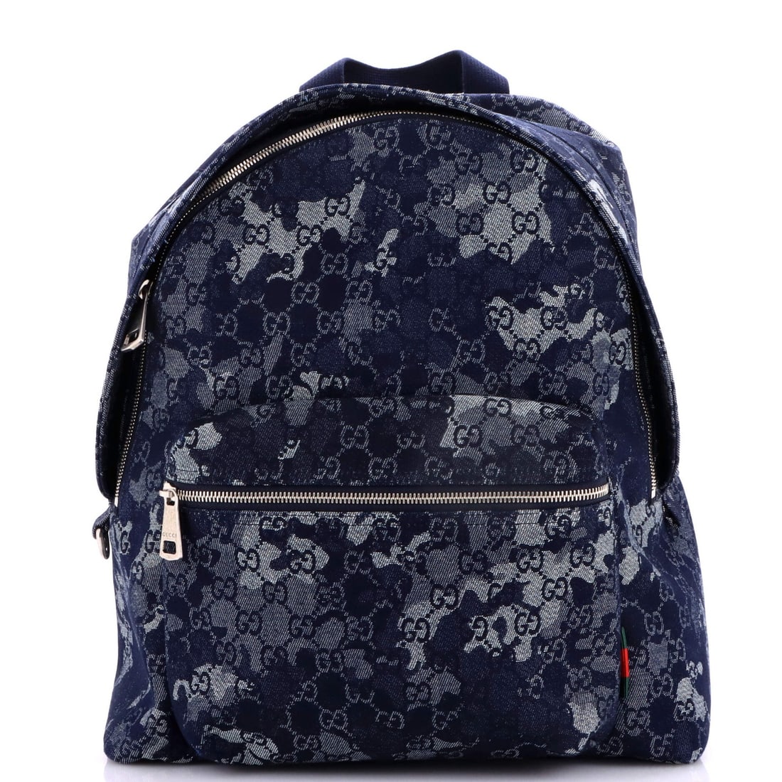 Camouflage front pocket zip backpack denim Gucci: Camouflage front pocket zip backpack denim Gucci The Gucci camouflage front pocket zip backpack in denim features a striking blue exterior with a unique GG pattern. This stylish and functional bag boa
