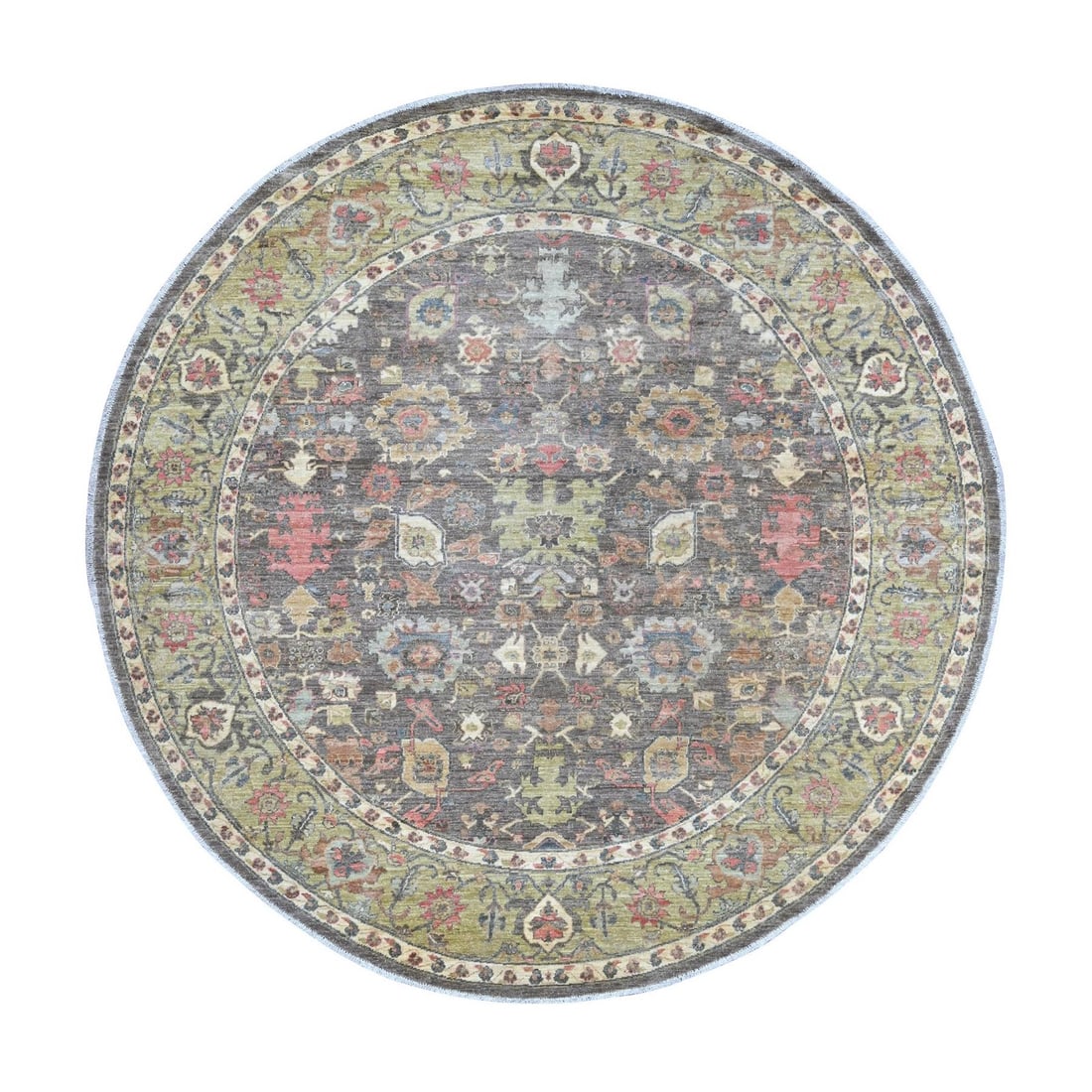 Peshawar with Gray Ziegler Round Hand Knotted Wool Rug: Peshawar with Gray Ziegler Round Hand Knotted Wool Rug The Peshawar with Gray Ziegler Round Hand Knotted Wool Rug boasts an all-over regional design in a stunning grey field, intricately woven with wo