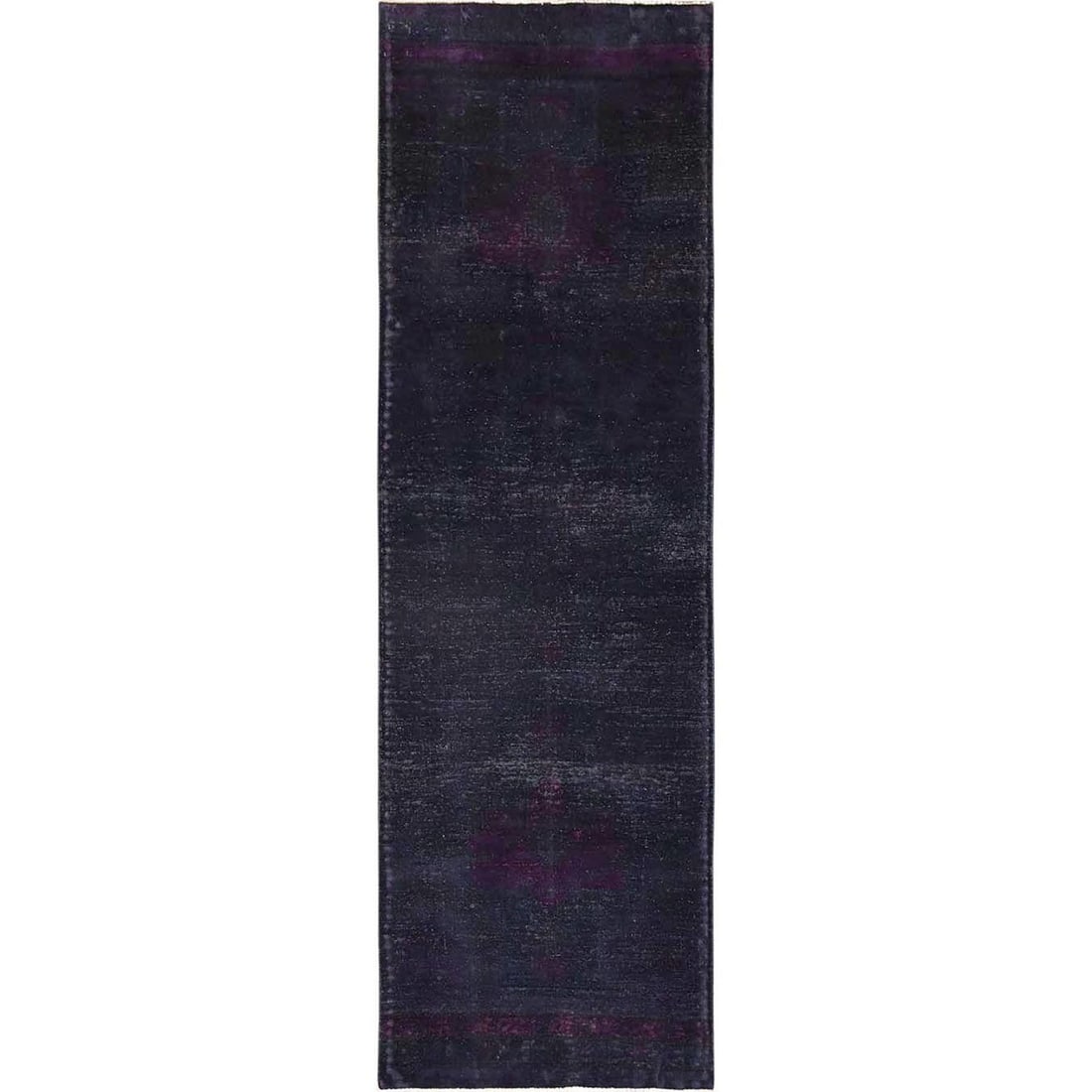 Purple overdyed vintage Zoroastrian hand knotted wool runner rug: Purple overdyed vintage Zoroastrian hand knotted wool runner rug This stunning purple overdyed vintage Zoroastrian hand knotted wool runner rug boasts an all-over regional design in rich, vibrant colo