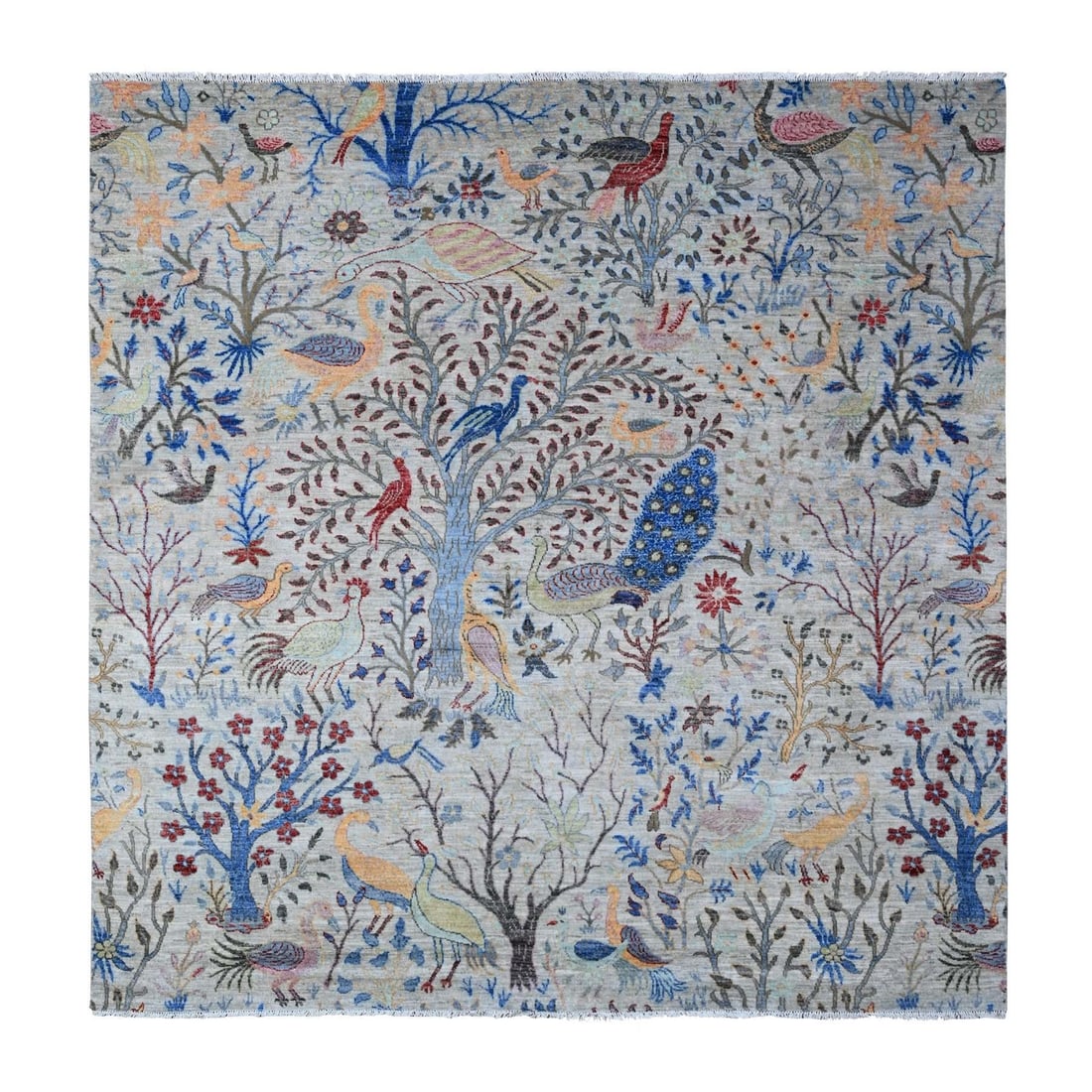 Hand knotted square wool peshawar rug heavenly gray oriental afghan.: Hand knotted square wool peshawar rug heavenly gray oriental afghan. Hand-knotted in wool, this heavenly gray Peshawar-style rug boasts an intricate Oriental design characteristic of Afghan craftsmans