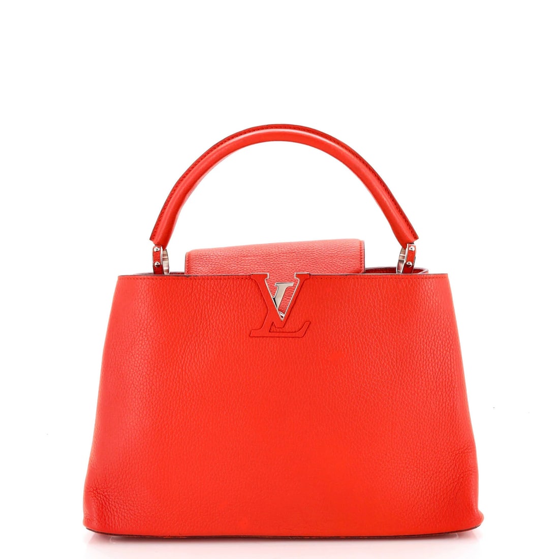PM Only Leather Louis Vuitton Capucines Bag: PM Only Leather Louis Vuitton Capucines Bag Orange Leather Louis Vuitton Capucines Bag. This PM Only bag features a vibrant orange exterior with leather interior and silver hardware. With its classic 