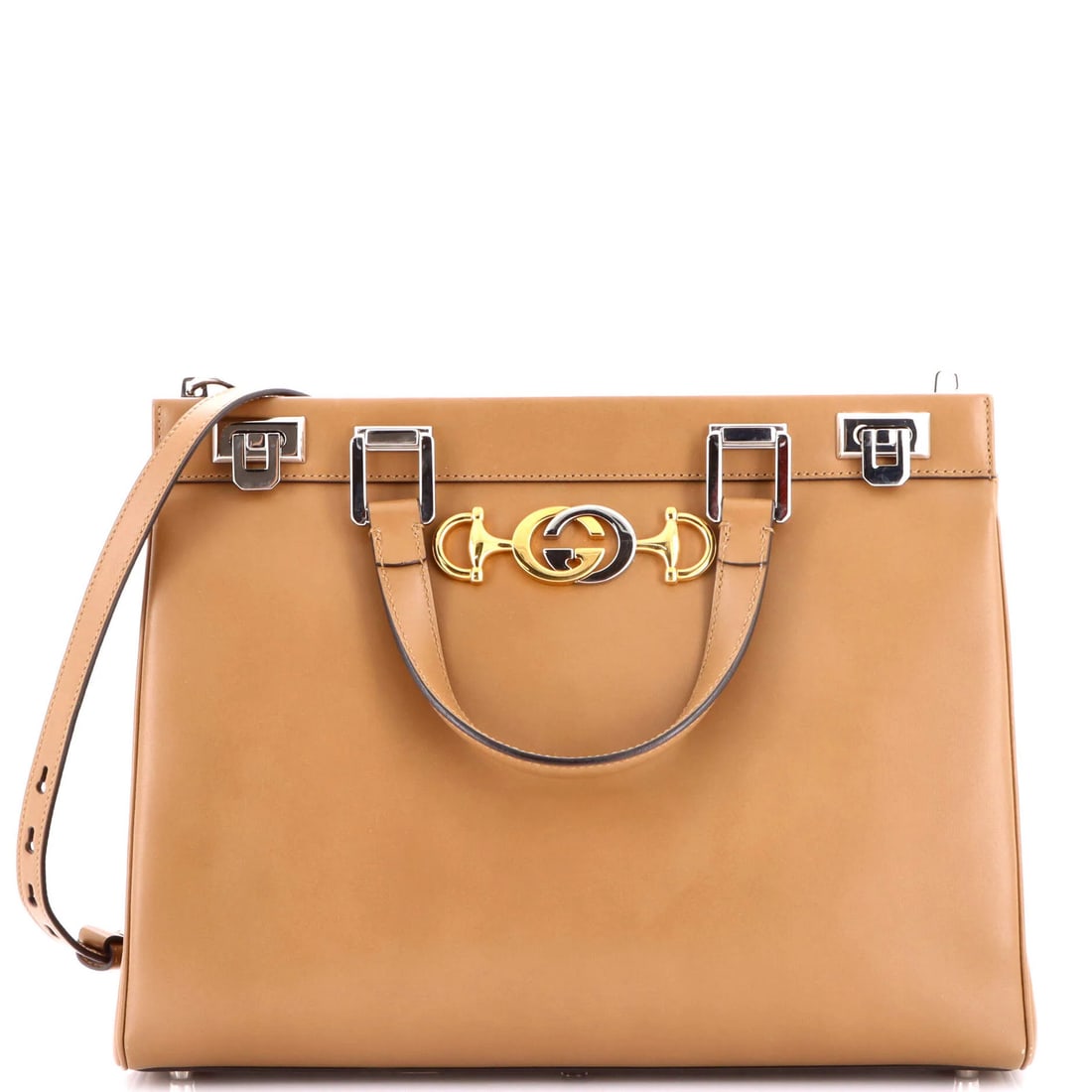 Zumi Medium Leather Top Handle Bag Gucci: Zumi Medium Leather Top Handle Bag Gucci The Gucci Zumi Medium Leather Top Handle Bag boasts a rich brown exterior with heavy scuffs throughout and corner wear. Measuring 10" tall and 13" wide, this
