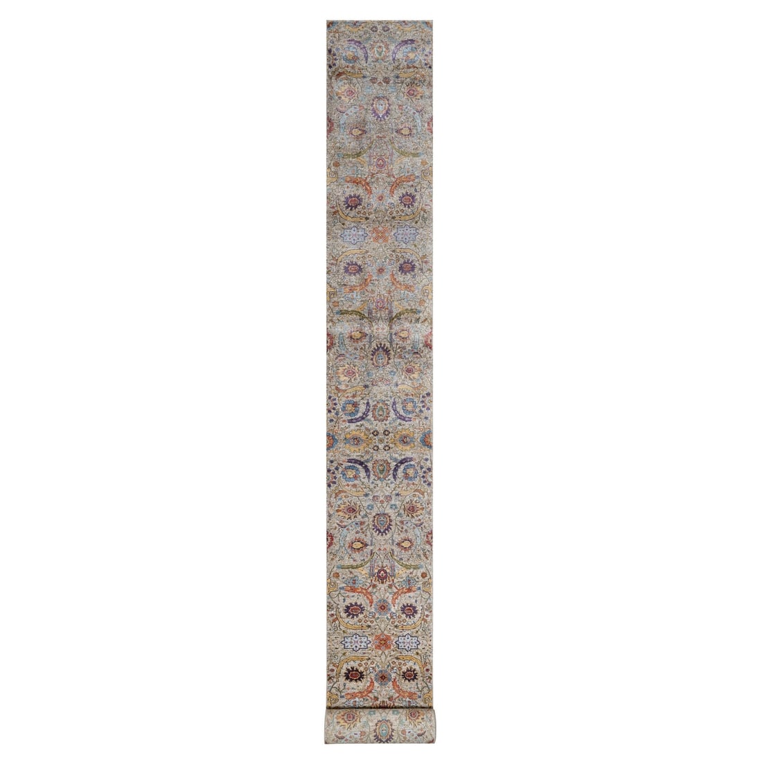 Hand Knotted Silk Wool Runner: Hand Knotted Silk Wool Runner Hand-knotted with wool and silk, this transitional-style runner boasts an intricate Oriental regional design in soft ivory hues. Measuring 25" x 26", its subtle red, blue