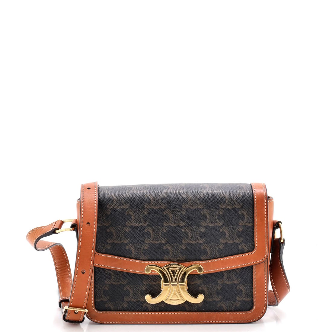 Shoulder bag coated canvas tripe teen: Shoulder bag coated canvas tripe teen The Celine Triomphe Shoulder Bag in brown coated canvas is a stylish and practical accessory. Measuring 5.5" tall, 7" wide, and 2.5" deep, this teen-sized bag