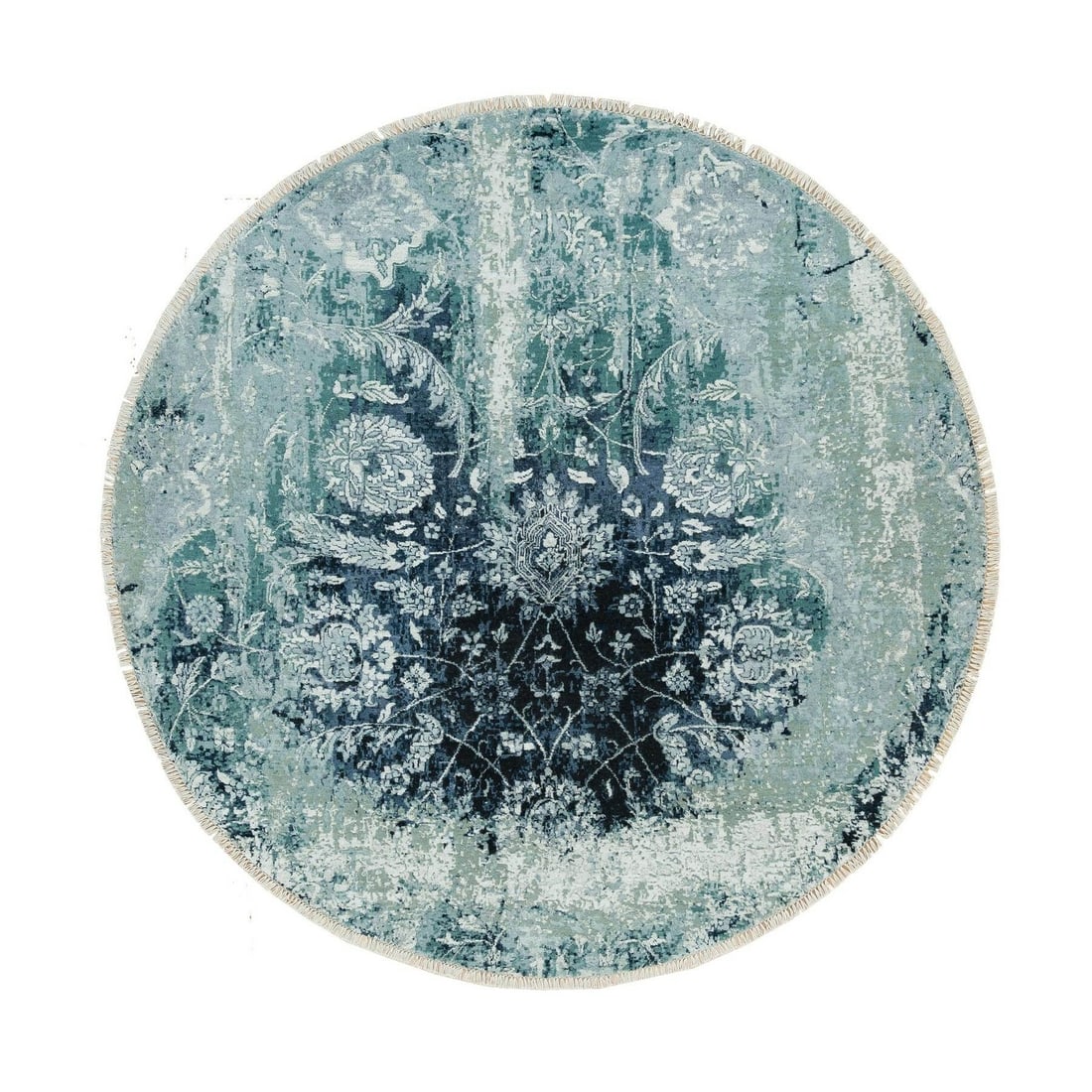 Blue Sapphire Round Wool Silk Rug: Blue Sapphire Round Wool Silk Rug The Blue Sapphire Round Wool Silk Rug boasts an exquisite hand-knotted design featuring a stunning blue field with intricate oriental patterns. Made from luxurious wo