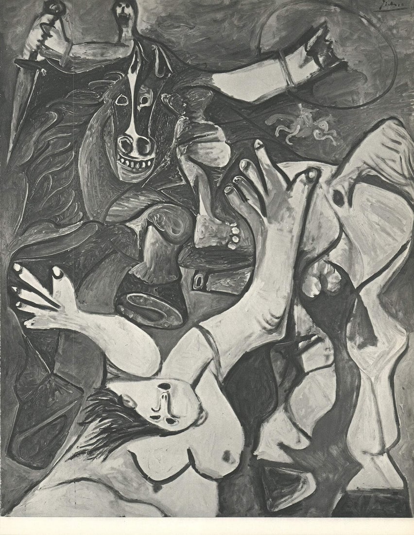 L'enlevement des Sabines en noir offset lithograph 12.25 x 9.5: L'enlevement des Sabines en noir offset lithograph 12.25 x 9.5 L'enlevement des Sabines in black offset lithograph measures 12.25 x 9.5 inches, showcasing Picasso's unique style and artistic vision. C