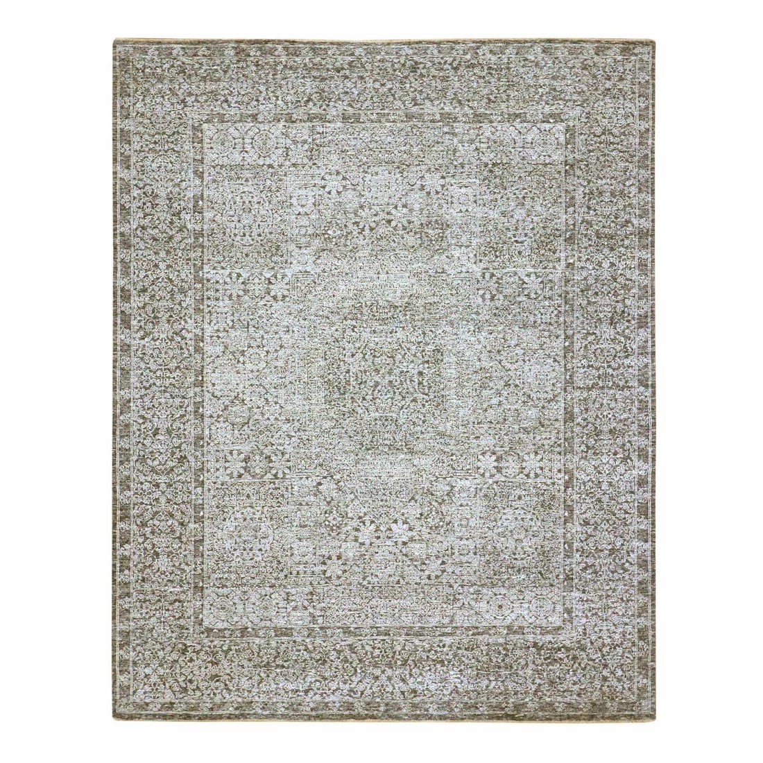 Historic hand knotted rug: Historic hand knotted rug The Mamluk style hand-knotted wool rug boasts a stunning medallion pattern in shades of grey, with intricate charcoal black accents. Measuring 121" x 97", this rectangular
