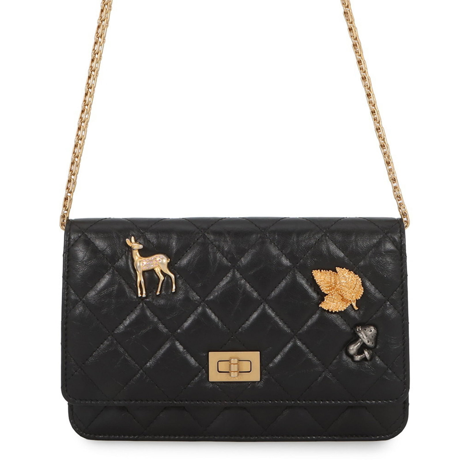 Chanel Chain/Shoulder Wallet Leather: Chanel Chain/Shoulder Wallet Leather Aged Calf Leather Chain/Shoulder Wallet in Black. This Chanel wallet features aged calf leather and has some scratches / dirt, giving it a worn-in look. In very go