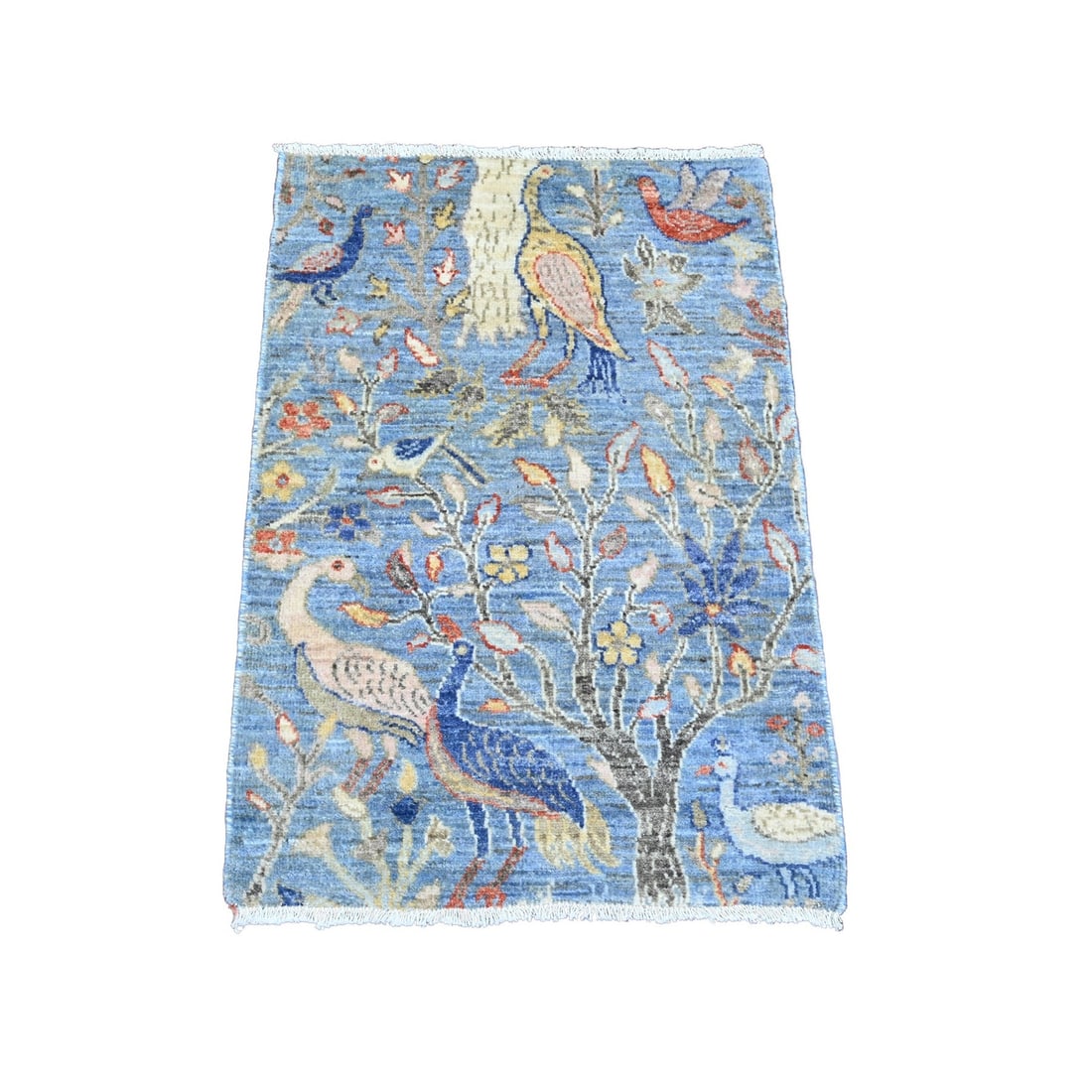 Blue Afghan Peshawar Birds Soft Hand Knotted Wool Mat Rug (1 of 6)