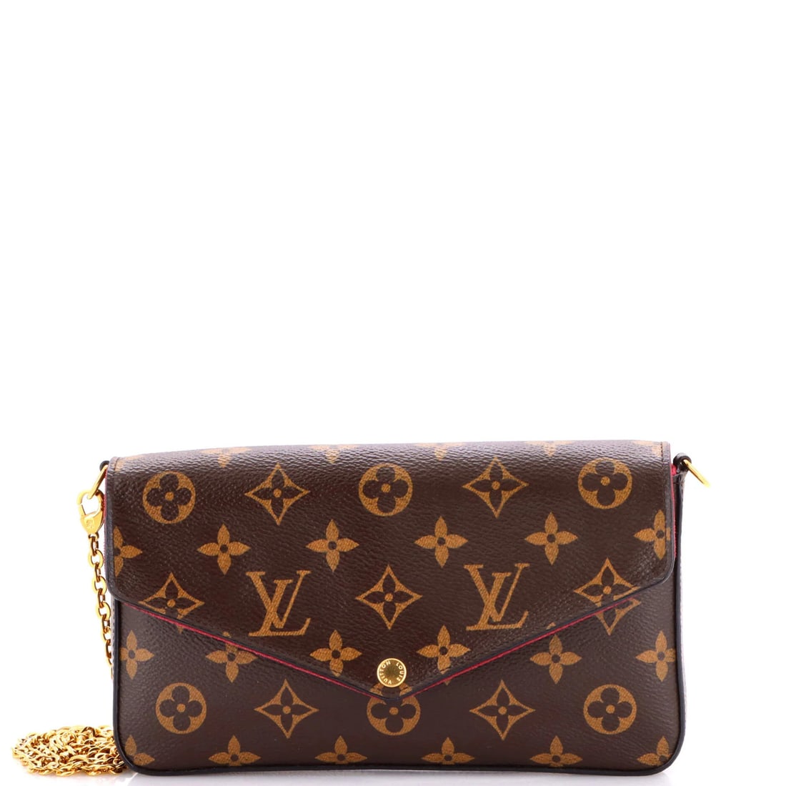 Monogram Canvas Pochette Felicie Louis: Monogram Canvas Pochette Felicie Louis The Louis Vuitton Felicie Pochette Monogram Canvas Exterior Material: Canvas Coated exterior in brown, with minor scuffs and creases. This cross body bag feature