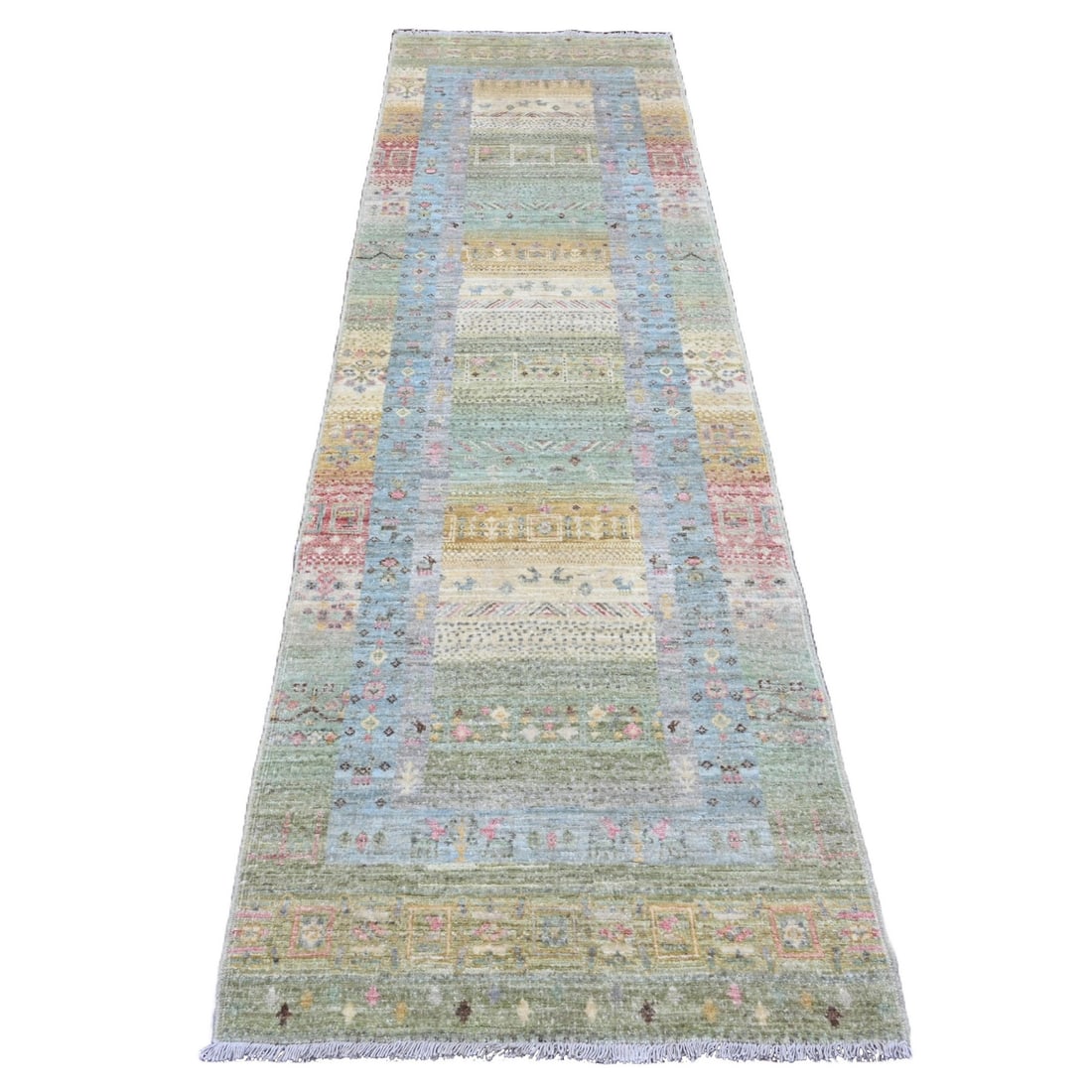 Green Wool Kashkuli Animal Figurines Hand Knotted 2'9"x9'7" Green Runner Rug (1 of 6)