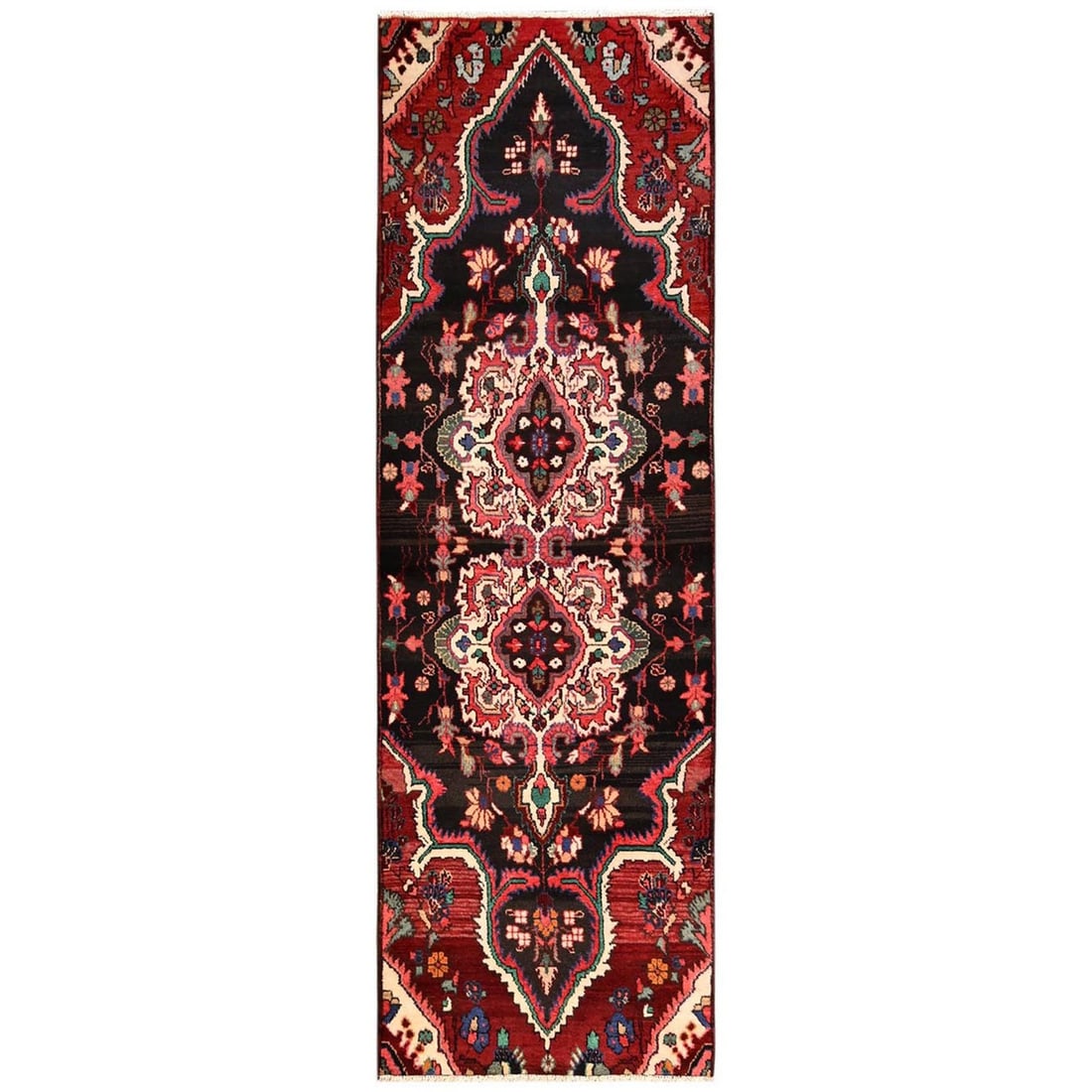Brown Vintage Zoroastrian Khamadan Hand Knotted Wool Runner Rug 2'9" 9: Brown Vintage Zoroastrian Khamadan Hand Knotted Wool Runner Rug 2'9" 9 This stunning Brown Vintage Zoroastrian Khamadan Hand Knotted Wool Runner Rug boasts an intricate medallion pattern woven into it