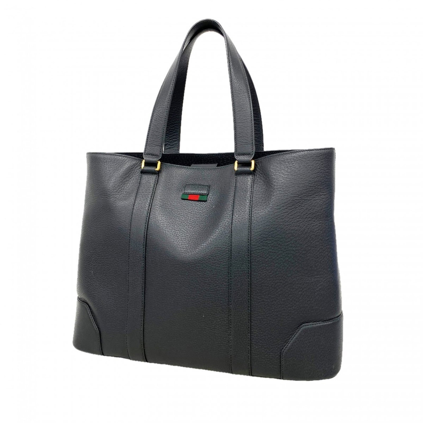 Gucci Tote Bag Leather: Gucci Tote Bag Leather This Gucci tote bag features high-quality black leather and gold hardware, showcasing a classic design. The bag has some signs of usage, including scratches and dirt, but remain