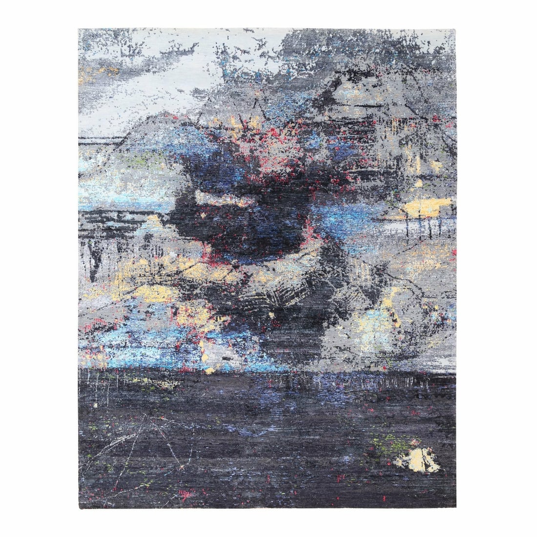 Black charcoal rug handknotted wool-silk with pop of colors modern: Black charcoal rug handknotted wool-silk with pop of colors modern Black charcoal rug with a modern twist, this hand-knotted wool-silk piece features a striking black background adorned with vibrant p
