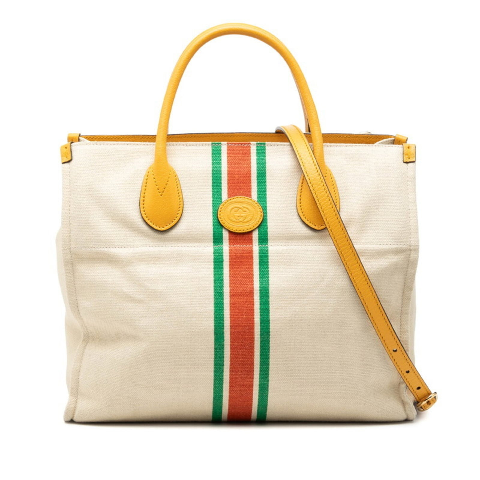 Gucci Shoulder Bag Tote Bag Canvas Leather: Gucci Shoulder Bag Tote Bag Canvas Leather This Gucci canvas leather shoulder bag tote features a classic white and yellow color combination. With its durable construction and timeless design, this ve